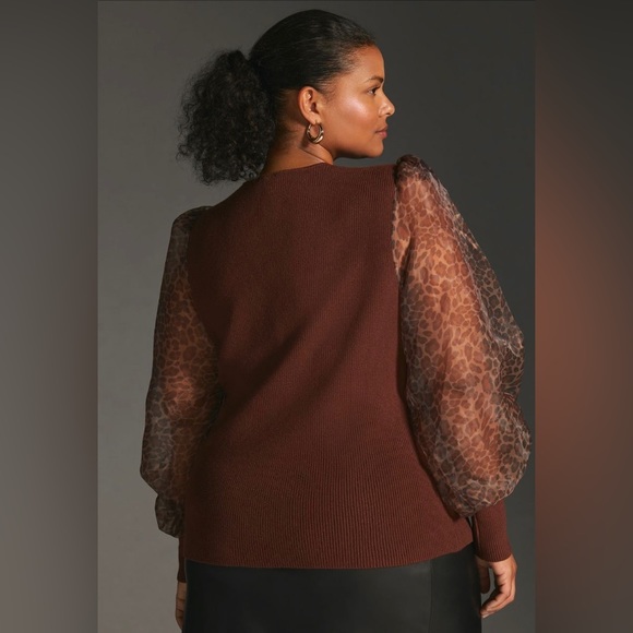 Anthropologie • NWT Dolan Sheer Animal Print Puff-Sleeve Brown Sweater Size 3X - Picture 9 of 13
